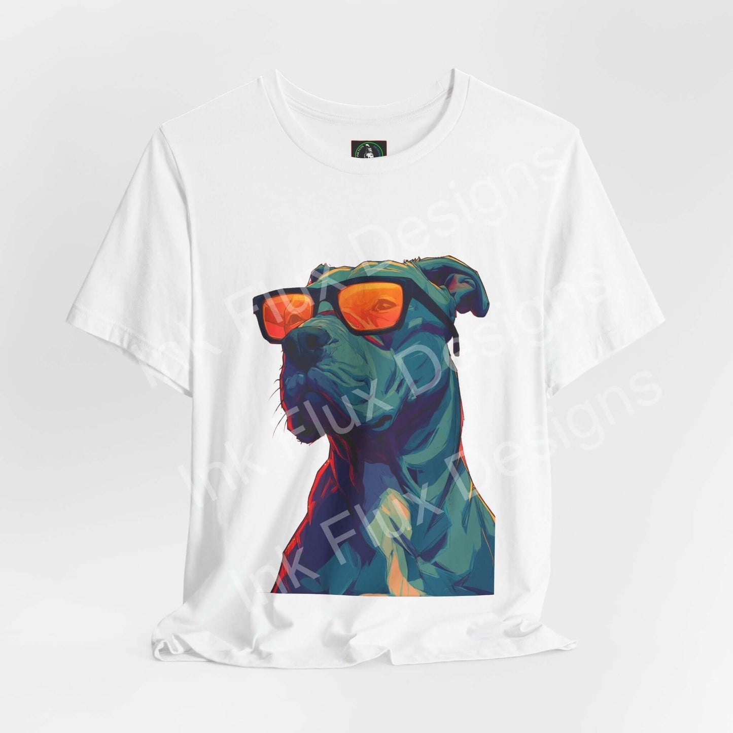 Dog T-Shirt featuring a cool pitbull graphic design with vibrant sunglasses and bold colors.