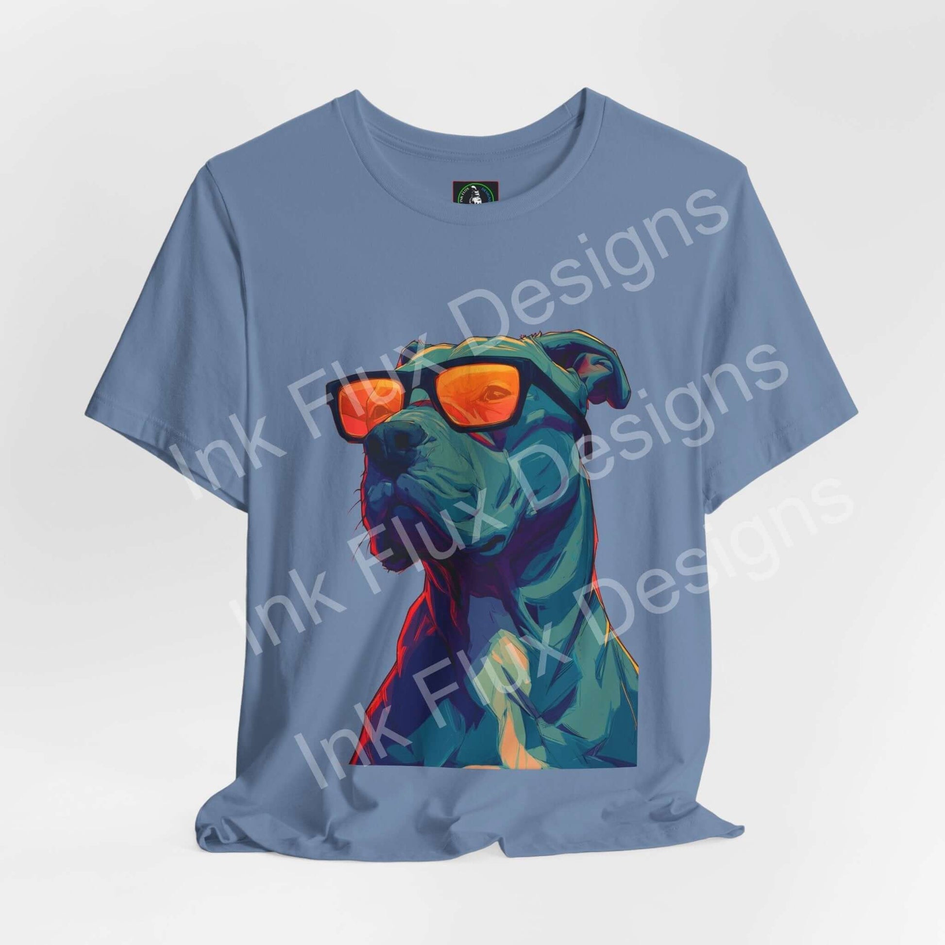 Dog T-Shirt featuring a stylish pitbull wearing vibrant sunglasses and bold colors, perfect for dog lovers.