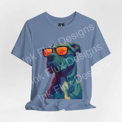 Dog T-Shirt featuring a stylish pitbull wearing vibrant sunglasses and bold colors, perfect for dog lovers.