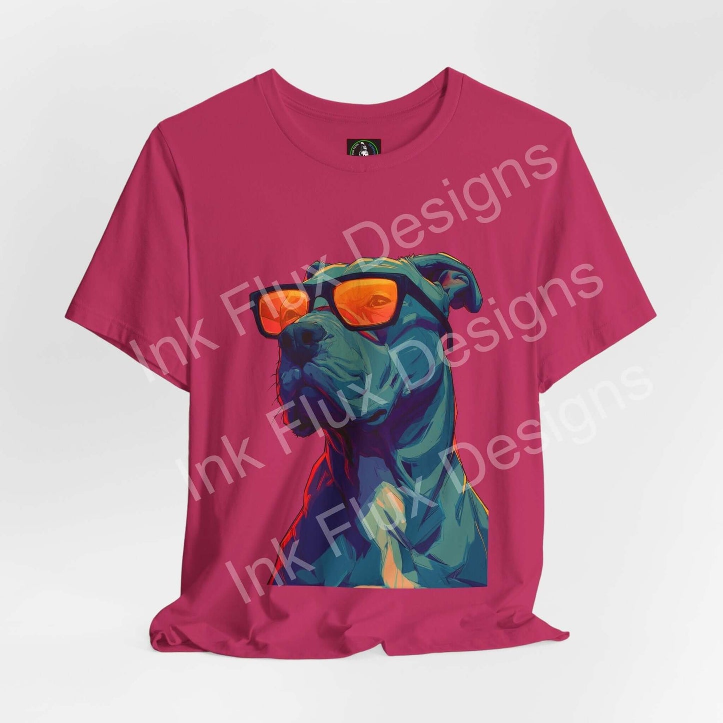 Dog T-Shirt featuring a cool pitbull in sunglasses with vibrant colors and modern streetwear style.