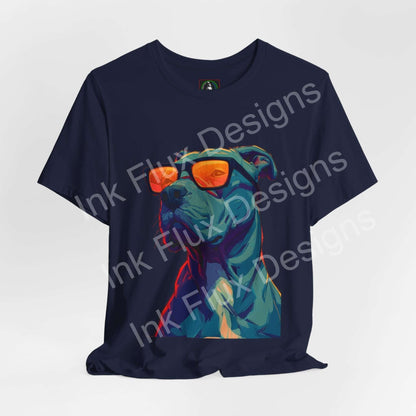 Dog T-Shirt featuring a vibrant pitbull design with sunglasses, showcasing modern streetwear style.