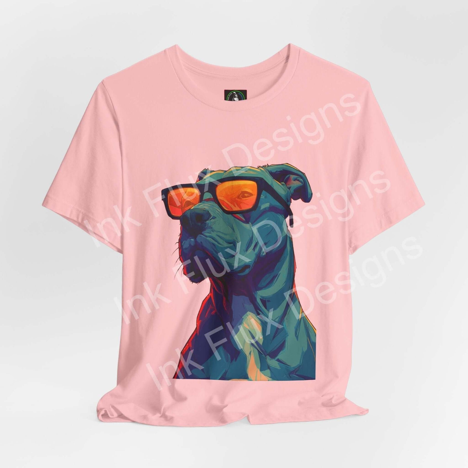 Dog T-Shirt featuring a pitbull graphic with sunglasses, bold colors, and modern streetwear style.