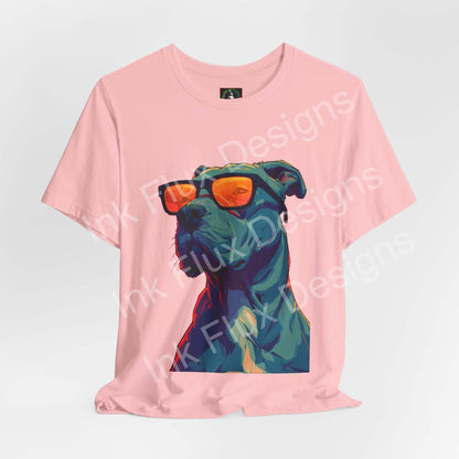 Dog T-Shirt featuring a pitbull graphic with sunglasses, bold colors, and modern streetwear style.