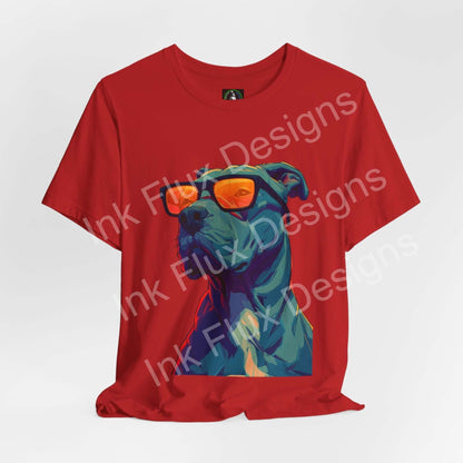 Dog T-Shirt featuring a cool pitbull graphic design with vibrant sunglasses and bold colors.