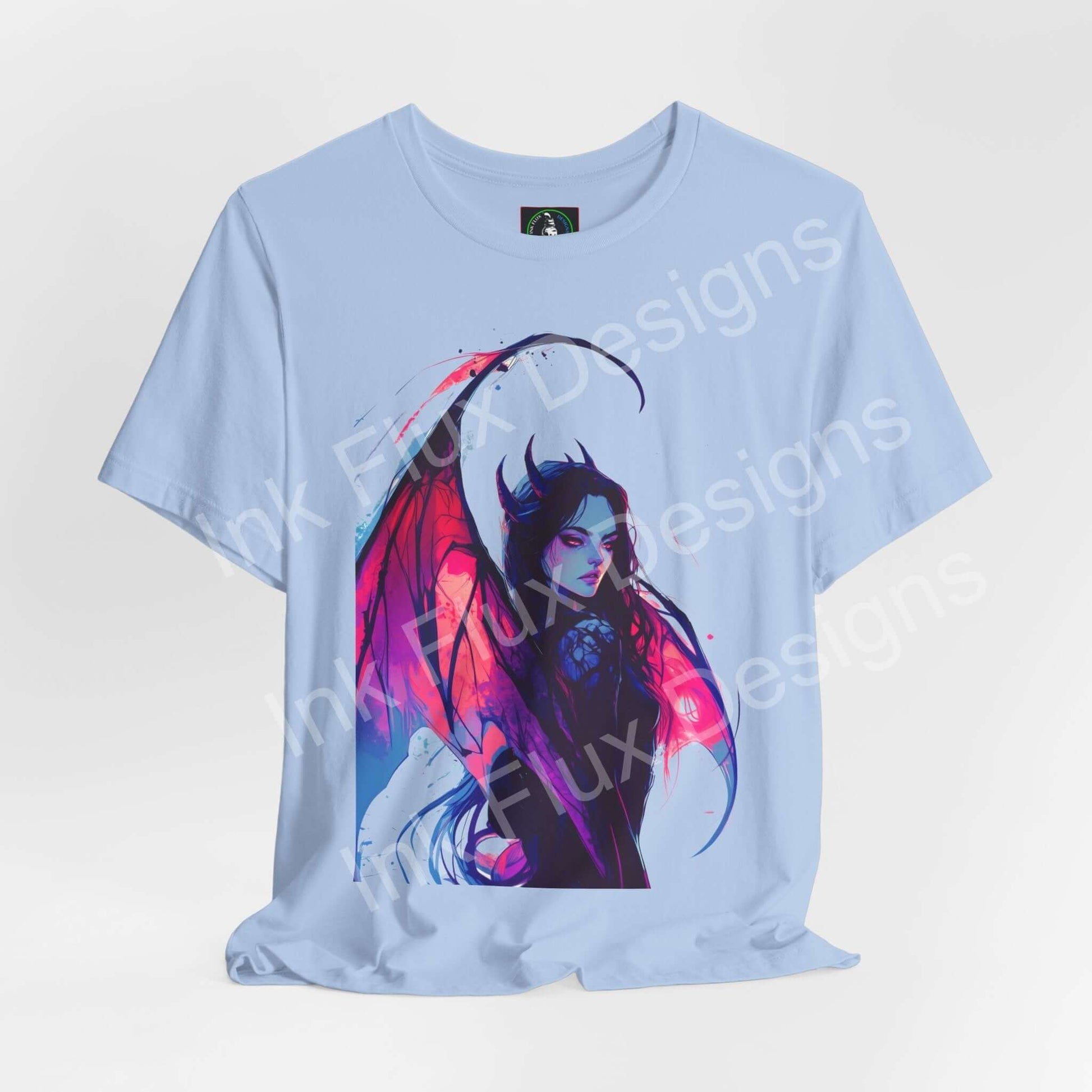 Succubus III unisex T-shirt by Ink Flux Designs featuring a colorful artwork of a demoness on a light blue background.