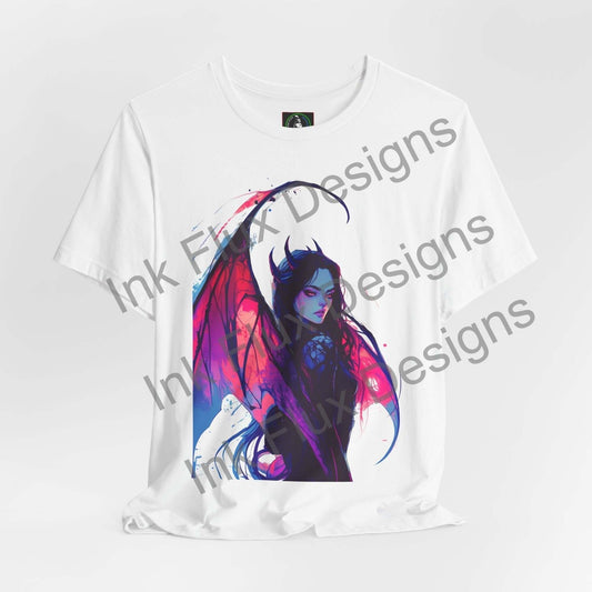 White unisex T-shirt featuring a colorful succubus design by Ink Flux Designs, showcasing comfort and style.