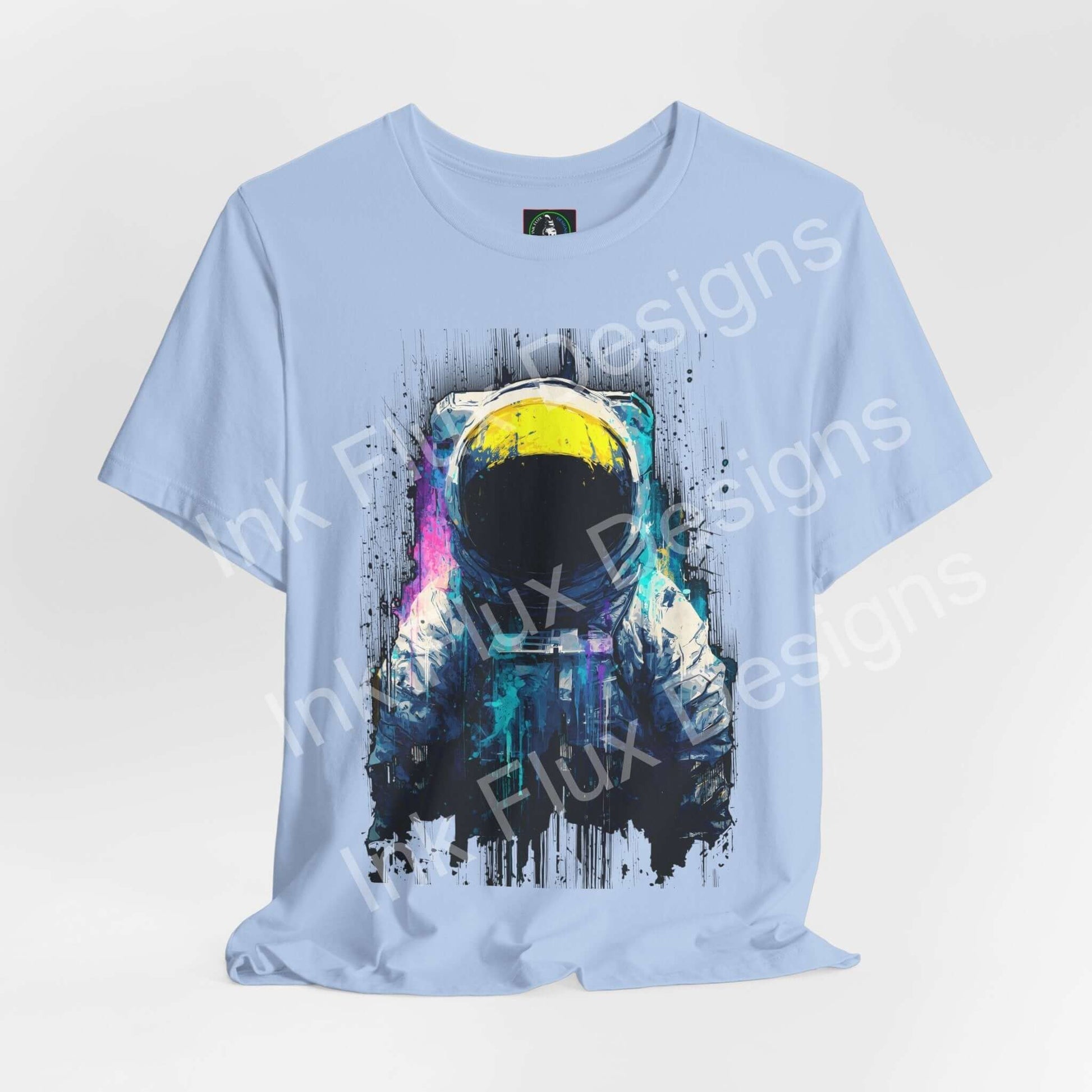 Graphic T-Shirt featuring a surreal astronaut design with vibrant cosmic colors and artistic textures.