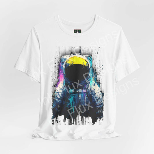 Graphic T-Shirt featuring a surreal astronaut design with vibrant cosmic colors and abstract textures.