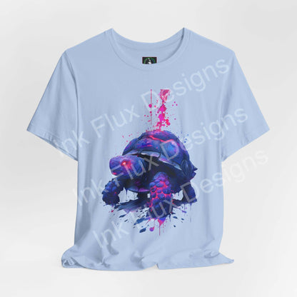 Spirit Animal T-Shirt featuring an artistic turtle graphic design in vibrant colors on a light blue background.