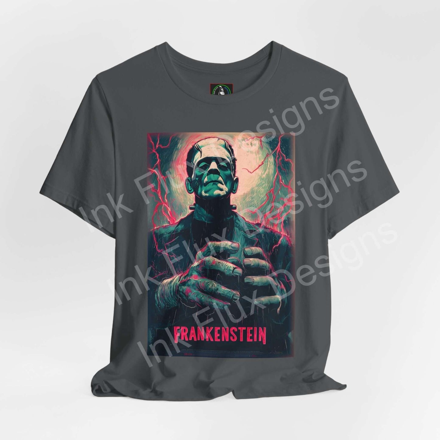 Frankenstein t-shirt featuring a vibrant design of the iconic monster, perfect for horror fans and Halloween lovers.
