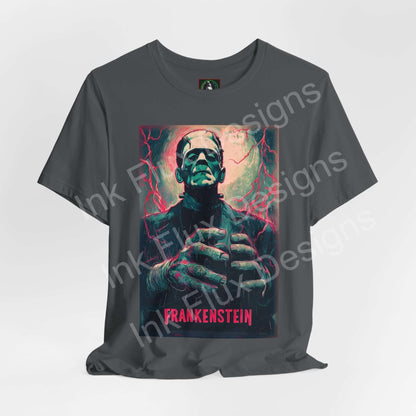 Frankenstein t-shirt featuring a vibrant design of the iconic monster, perfect for horror fans and Halloween lovers.