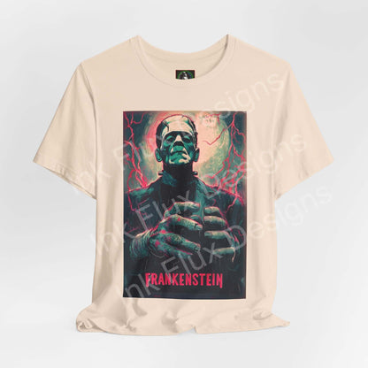 Frankenstein t-shirt featuring a vibrant graphic design of the iconic monster by Ink Flux Designs.
