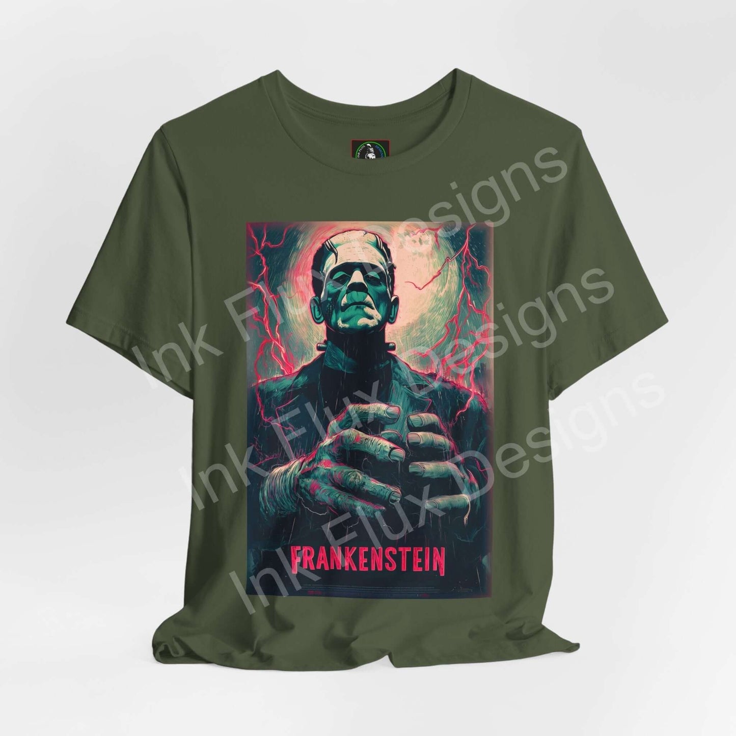 Frankenstein t-shirt featuring iconic monster design in vibrant colors by Ink Flux Designs.