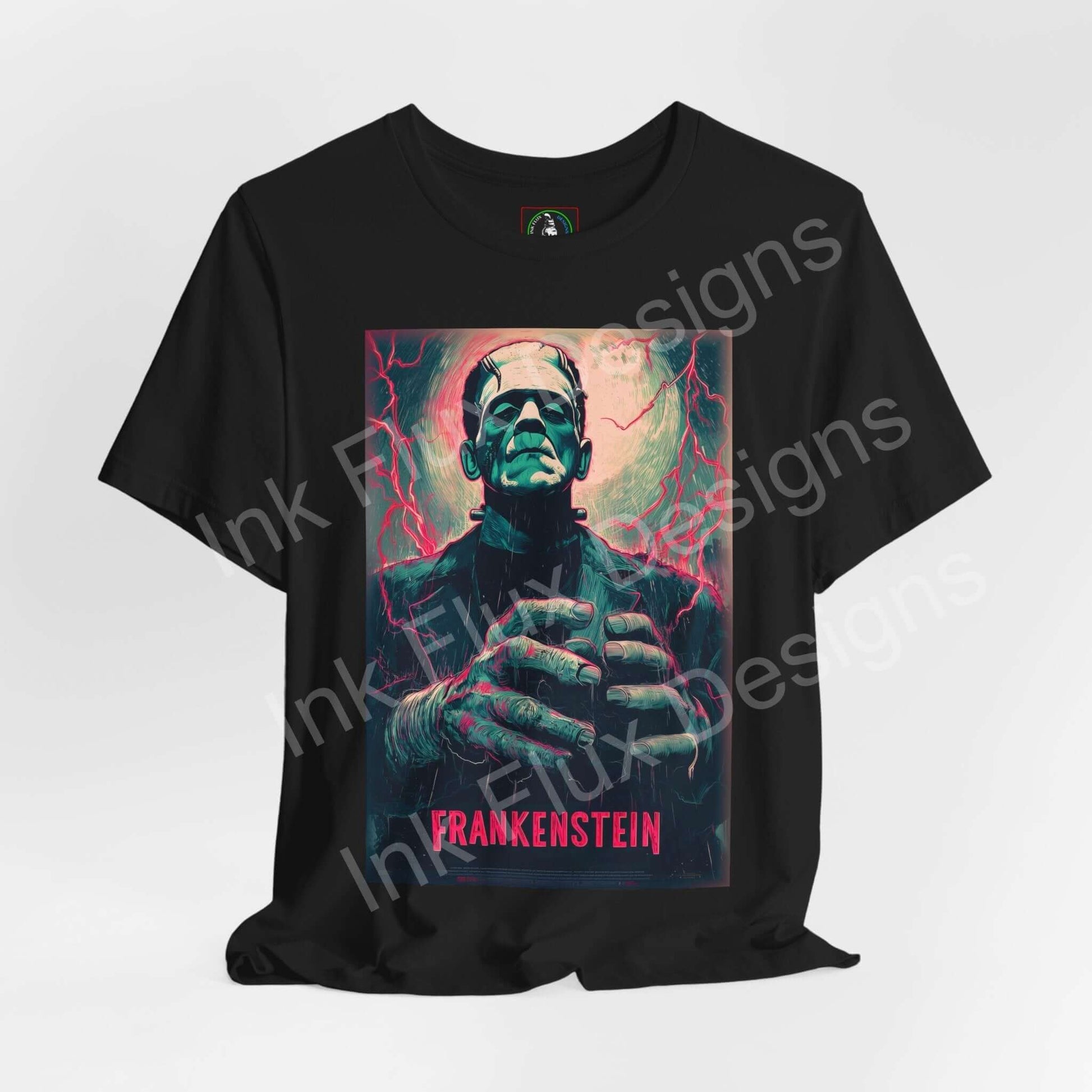 Frankenstein t-shirt featuring a vibrant graphic of the classic horror monster on a black unisex tee.