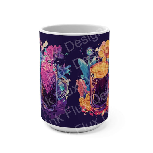 Art Coffee Mug featuring vibrant floral designs and colorful drinks on a dark background.