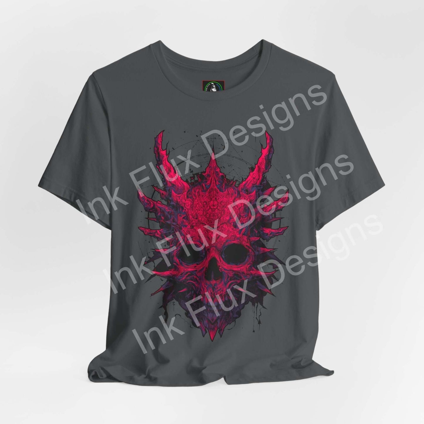 Skull Graphic T-Shirt featuring a dark creature skull design with jagged spikes in pink and black color.