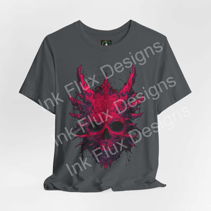 Skull Graphic T-Shirt featuring a dark creature skull design with jagged spikes in pink and black color.
