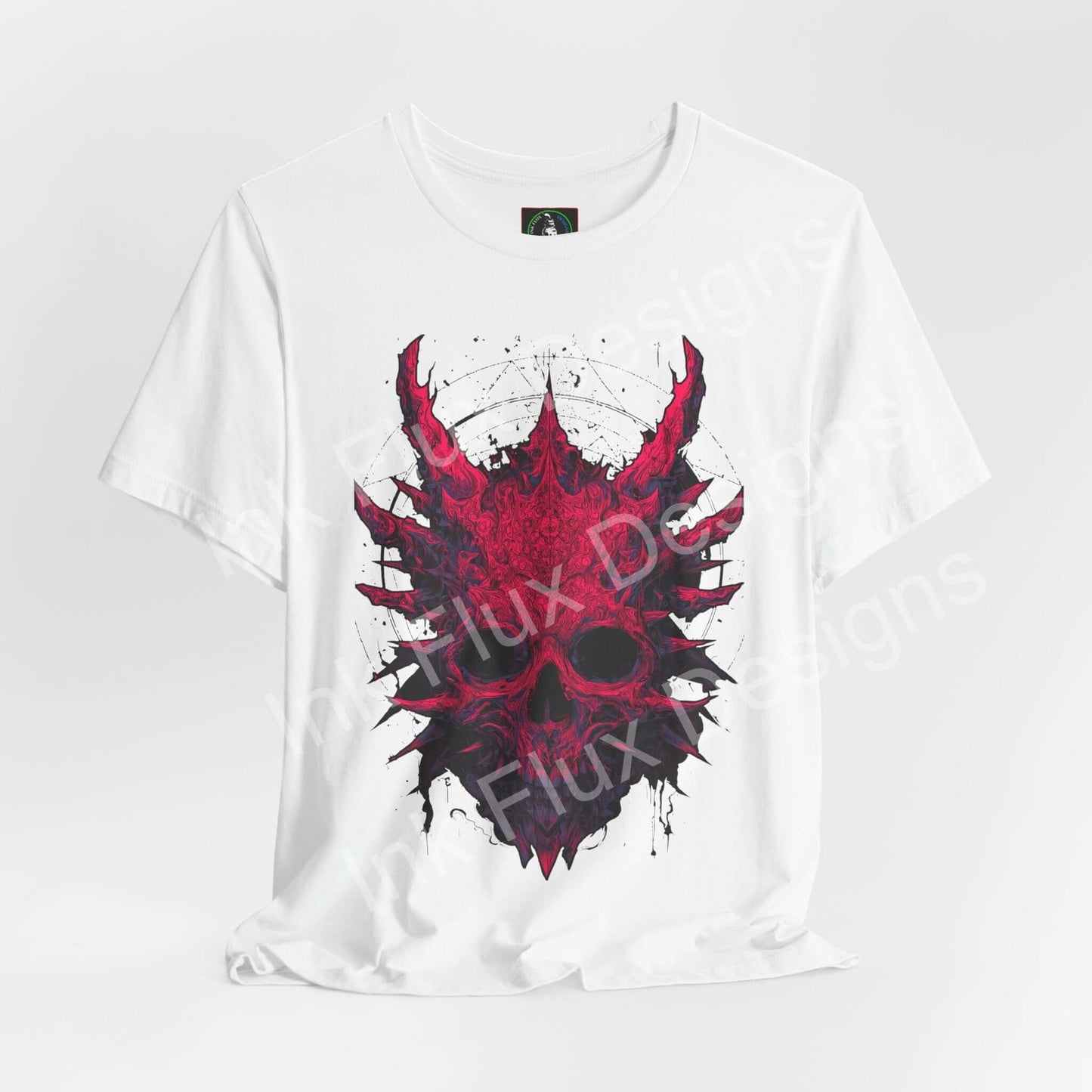 Skull Graphic T-Shirt featuring aggressive red skull design with spikes and surreal horror aesthetics.