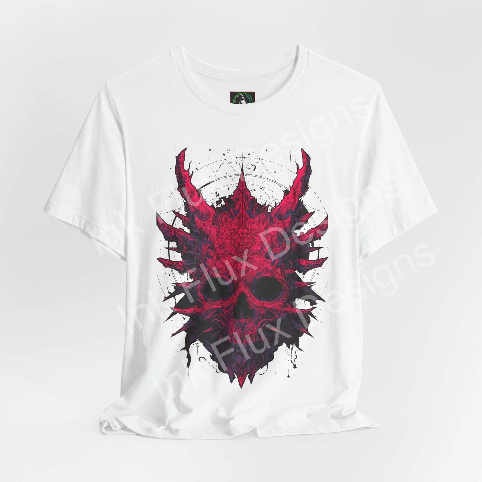 Skull Graphic T-Shirt featuring aggressive red skull design with spikes and surreal horror aesthetics.