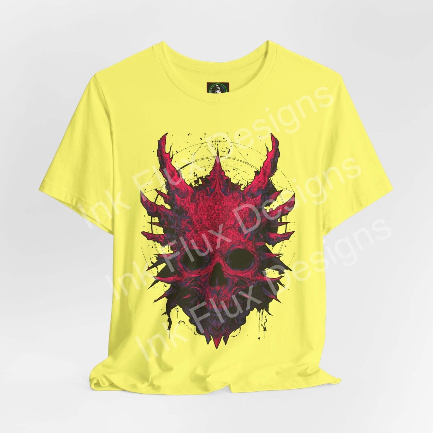 Skull Graphic T-Shirt featuring a vivid red skull design on a bright yellow background.