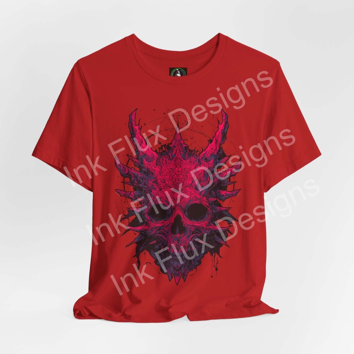 Skull Graphic T-Shirt with a vibrant pink skull design on a red background, featuring jagged and organic shapes.