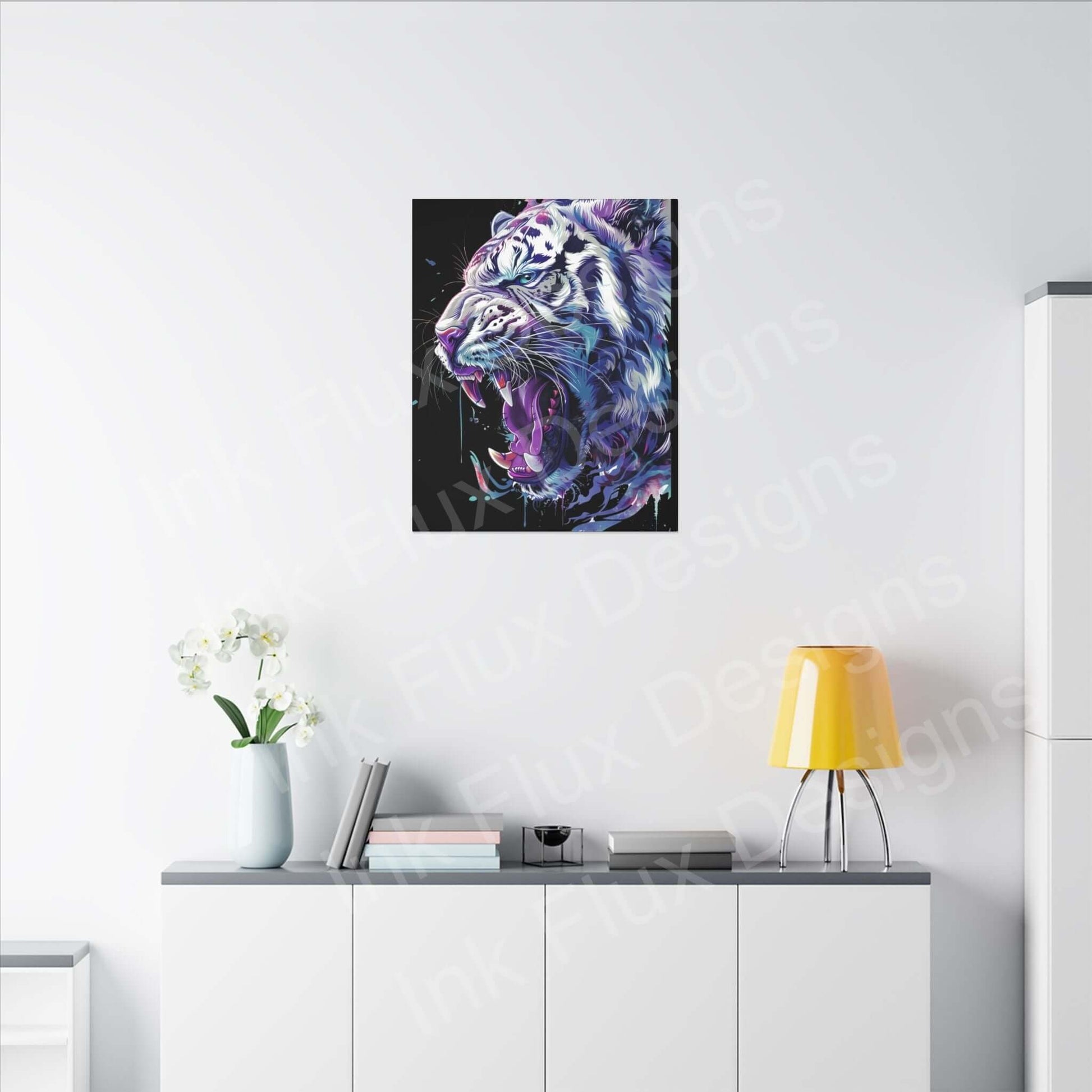 White Tiger Matte Canvas by Ink Flux Designs, showcasing vibrant colors and details in modern interior decor.