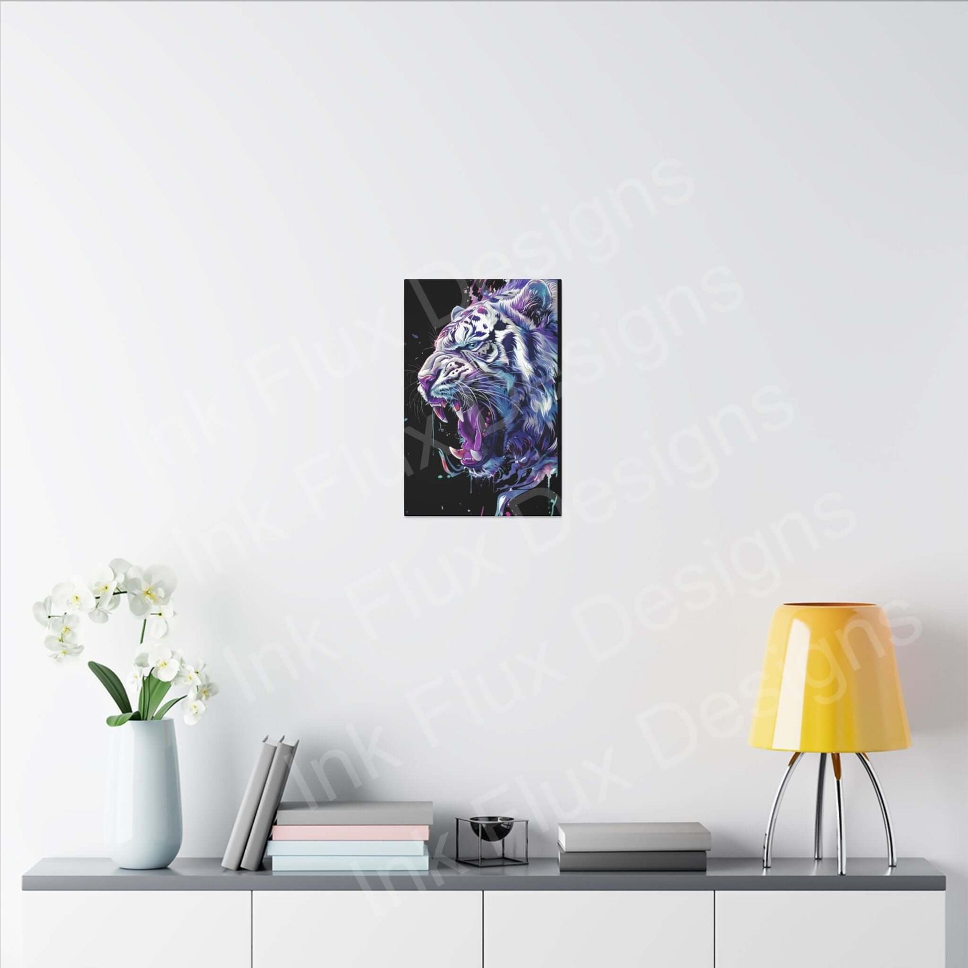 Vibrant matte canvas featuring a white tiger artwork by Ink Flux Designs, displayed in a modern home setting.