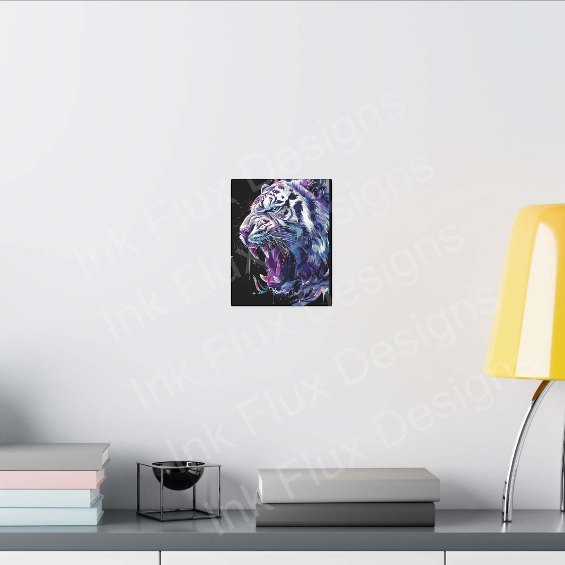 Vibrant artwork of a white tiger on matte canvas by Ink Flux Designs, displayed with modern decor.