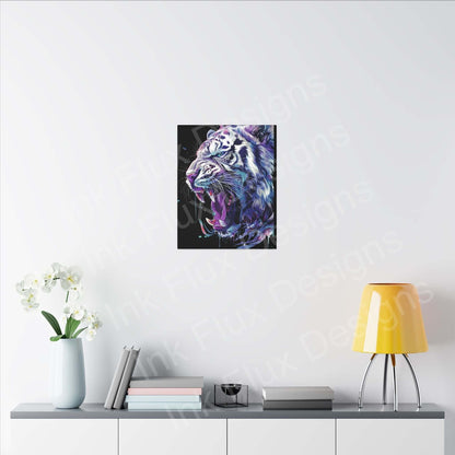 Vibrant white tiger art on matte canvas by Ink Flux Designs, enhancing a stylish interior decor setting.