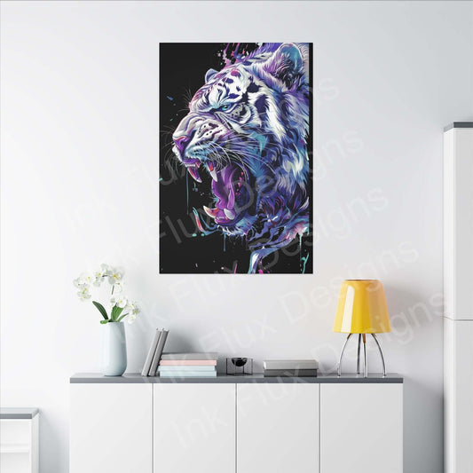 Vibrant white tiger artwork on canvas, showcasing Ink Flux Designs, perfect for home decor.