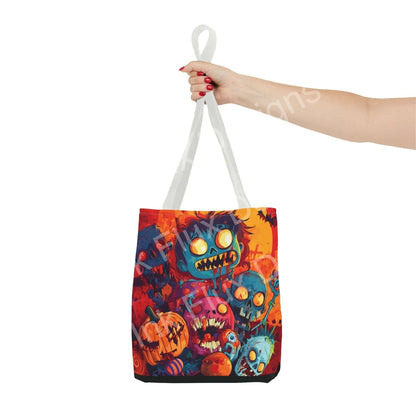 Zombie Halloween Tote Bag held by a person, showcasing vibrant zombie artwork perfect for Halloween.